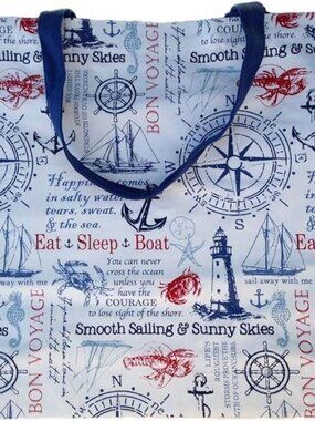 Nautical Tote Bag, Blue and White, Compass and Anchor Design, Canvas Material